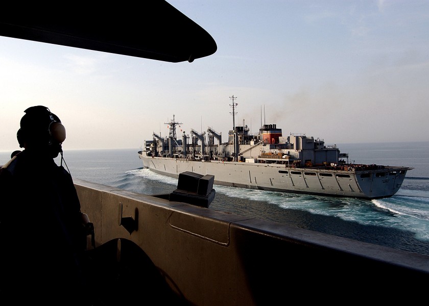 US Navy 040331-N-7871M-033 The Military Sealift Command (MSC) fast combat support ship USNS Supply (T-AOE 6) approaches USS George Washington (CVN 73) to begin an underway replenishment at sea