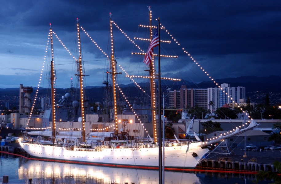 US Navy 040517-N-3019M-003 The Chilean Tall Ship Esmeralda sits in Pearl Harbor at sunset, while on a four-day port visit before heading to Japan
