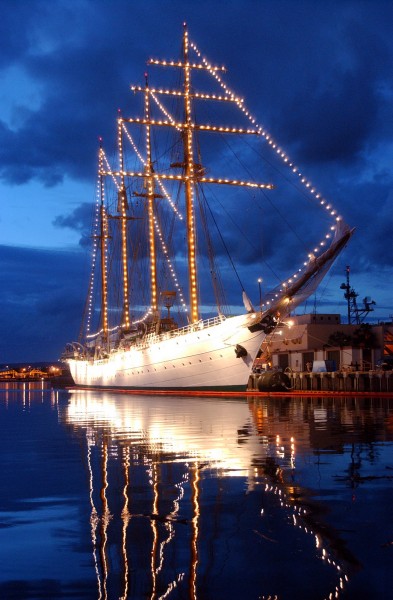 US Navy 040517-N-3019M-004 The Chilean Tall Ship Esmeralda sits in Pearl Harbor at sunset, while on a four-day port visit before heading to Japan