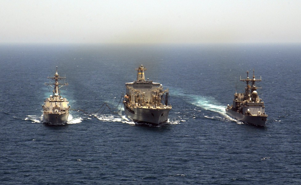 US Navy 040618-N-5319A-006 The guided missile destroyer USS Bulkeley (DDG 84) and the Spruance-class destroyer USS Cushing (DD 985) conduct an underway replenishment