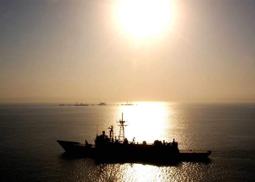 US Navy 040928-N-7034S-003 The Royal Australian Navy guided missile frigate HMAS Adelaide (F01) conducts a patrol near the Khawr AL Amaya Oil Terminal (KAAOT) during joint operations with Coalition forces
