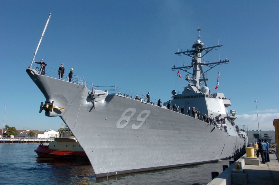 US Navy 050201-N-6843I-001 The Arleigh Burke-class guided missile destroyer USS Mustin (DDG 89) departs Naval Base San Diego, Calif., on a regularly scheduled deployment