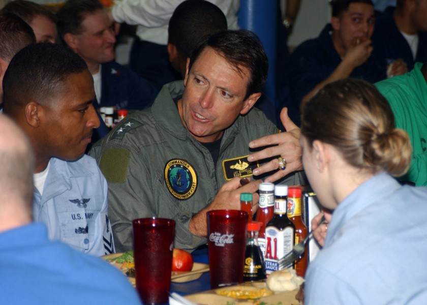 US Navy 050208-N-0380T-018 Deputy Commander and Chief of Staff, U.S. Pacific Fleet, Rear Adm. John Jay Donnell, has lunch aboard the Nimitz-class aircraft carrier USS Carl Vinson (CVN 70)