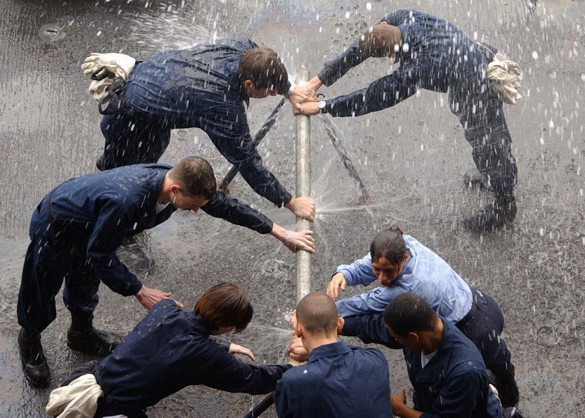 US Navy 050308-N-7405P-055 Sailors participate in pipe patching training on the fantail of the Nimitz-class aircraft carrier USS Harry S. Truman (CVN 75) during a general quarters (GQ) drill