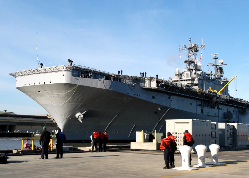 US Navy 050309-N-3725R-003 The amphibious assault ship USS Saipan (LHA 2) returns to Naval Station Norfolk, Va., after deploying to the Caribbean over the last several weeks