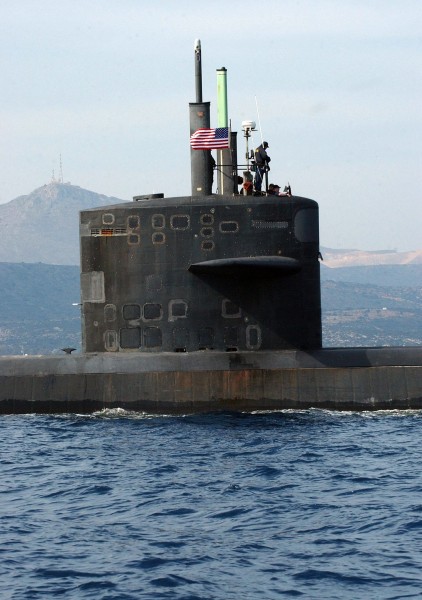 US Navy 050325-N-0780F-078 Crewmembers of Los Angeles-class fast attack submarine USS Albuquerque (SSN 706) mans the flying bridge as they depart Souda harbor