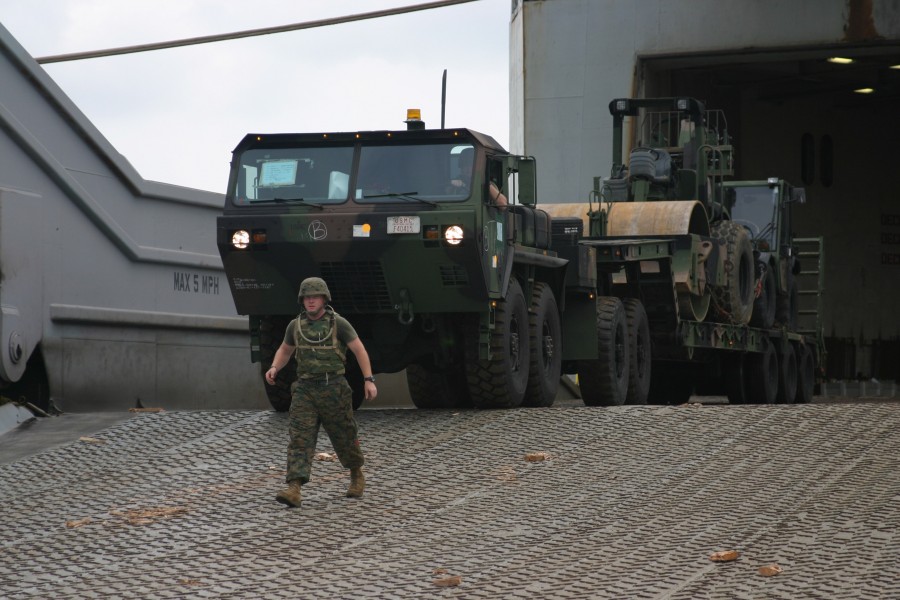US Navy 050418-M-1964R-013 A logistical vehicle system debarks off of the Military Sealift Command (MSC) Ready Reserve Force roll-on-roll-off ship MV Cape Horn (T-AKR 5068)