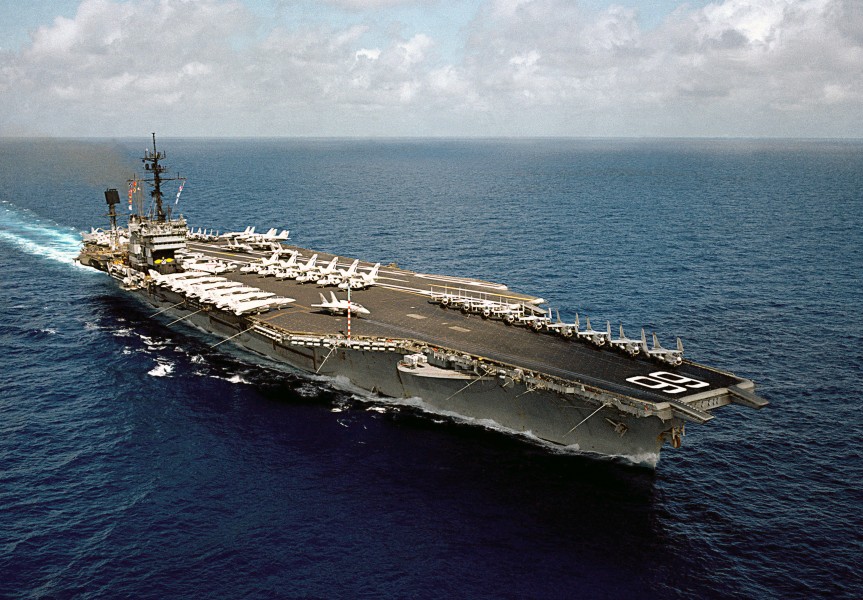 US Navy 050420-N-0000X-001 An aerial starboard bow view of the conventionally-powered aircraft carrier USS America (CV 66)