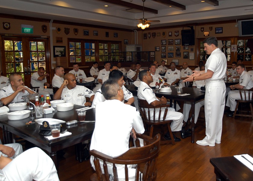 US Navy 050429-N-4205W-001 Master Chief Petty Officer of the Navy Terry Scott addresses Sailors stationed in Singapore
