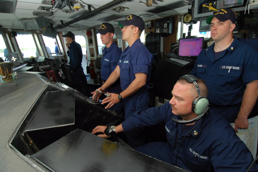 US Navy 050516-C-3292S-510 Crew members of the Coast Guard Cutter Bear (WMEC-901) stands watch on the bridge