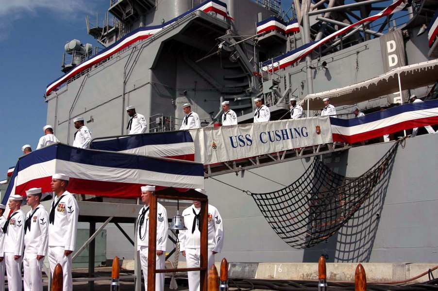 US Navy 050921-N-0899S-002 USS Cushing (DD 985), the last Spruance-class destroyer, is decommissioned on the ship^rsquo,s 26th anniversary