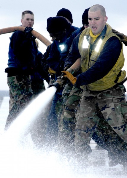 US Navy 060228-N-5837R-037 Air Department Sailors test the counter measure wash down system of the flight deck aboard the Nimitz-class aircraft carrier USS Abraham Lincoln (CVN 72)