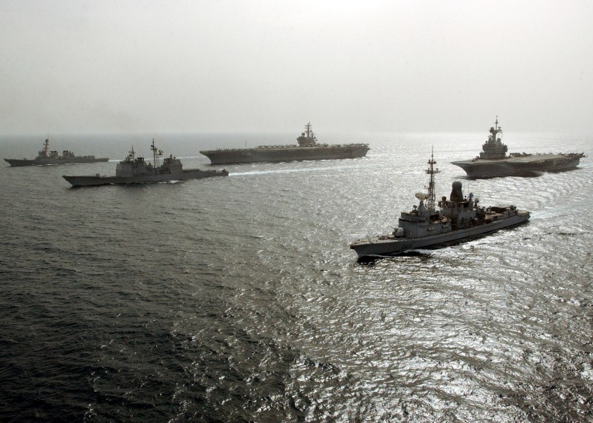 US Navy 060427-N-5961C-008 USS Ronald Reagan (CVN 76), FS Charles De Gaulle (R-92),FS Cassard (D-614), Vicksburg (CG 69),USS McCampbell (DDG 85) conduct joint operations in the Persian Gulf