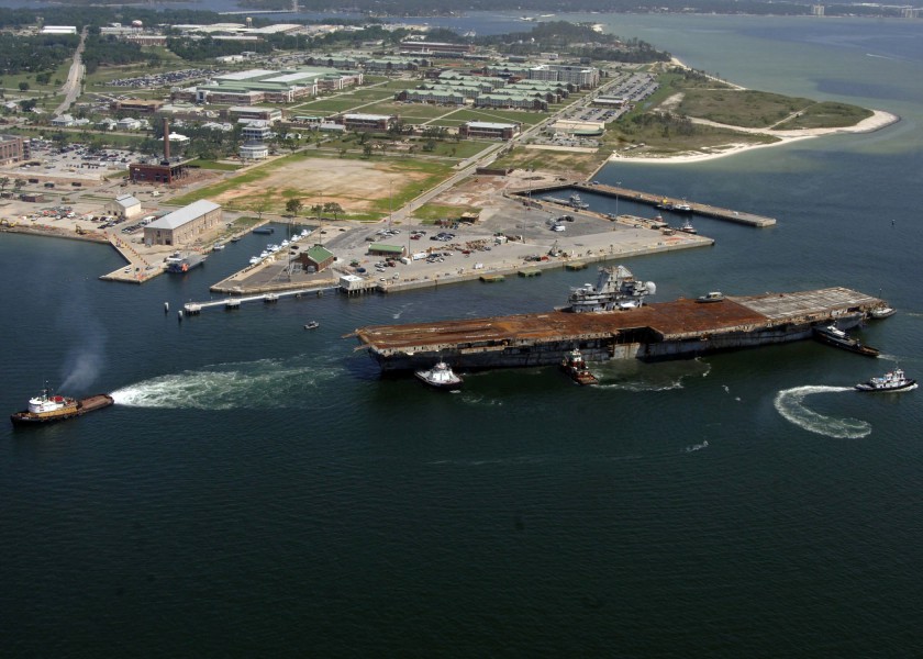 US Navy 060515-N-7992K-006 The decommissioned aircraft carrier USS Oriskany (CVA 34) is towed out to sea one final time