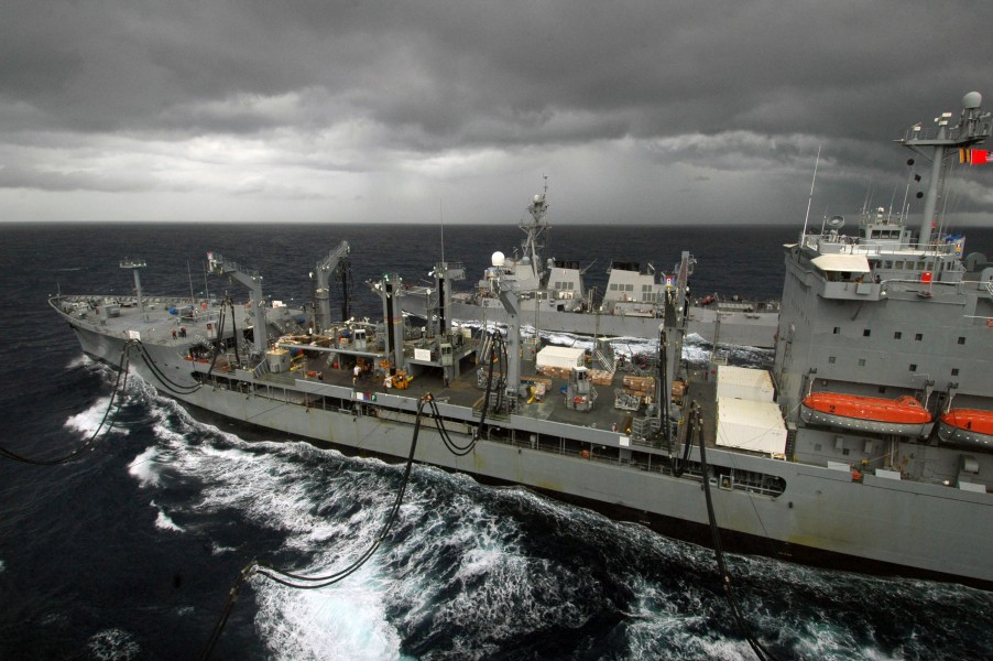 US Navy 060830-N-3946H-041 Military Sealift Command (MSC) underway replenishment ship USNS Tippecanoe (T-AO 199) Sailors refuel and re-supply the conventionally-powered aircraft carrier USS Kitty Hawk (CV 63)