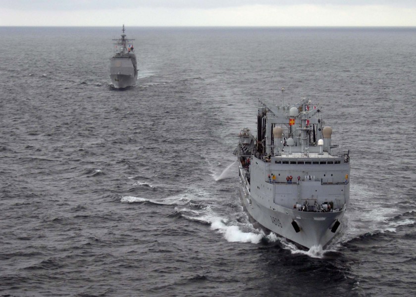 US Navy 061204-N-8076C-009 The guided-missile cruiser USS Anzio (CG 68) and the French FS Var (A 608) prepares to go alongside for an underway replenishment