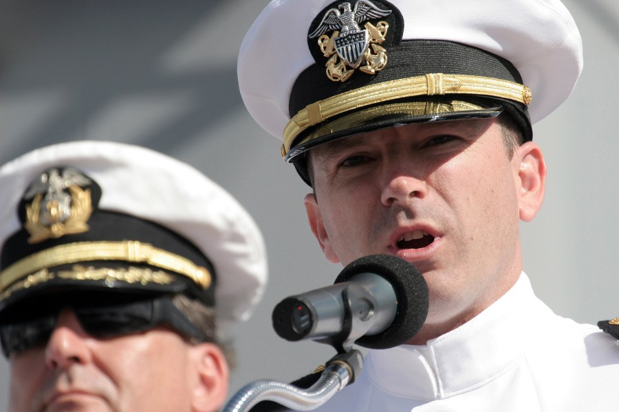 US Navy 070112-N-3228G-006 Commanding officer of the rescue and salvage ship USS Salvor (ARS 52) Lt. Cmdr, John C. Howard provides welcoming remarks at his ship^rsquo,s decommissioning ceremony