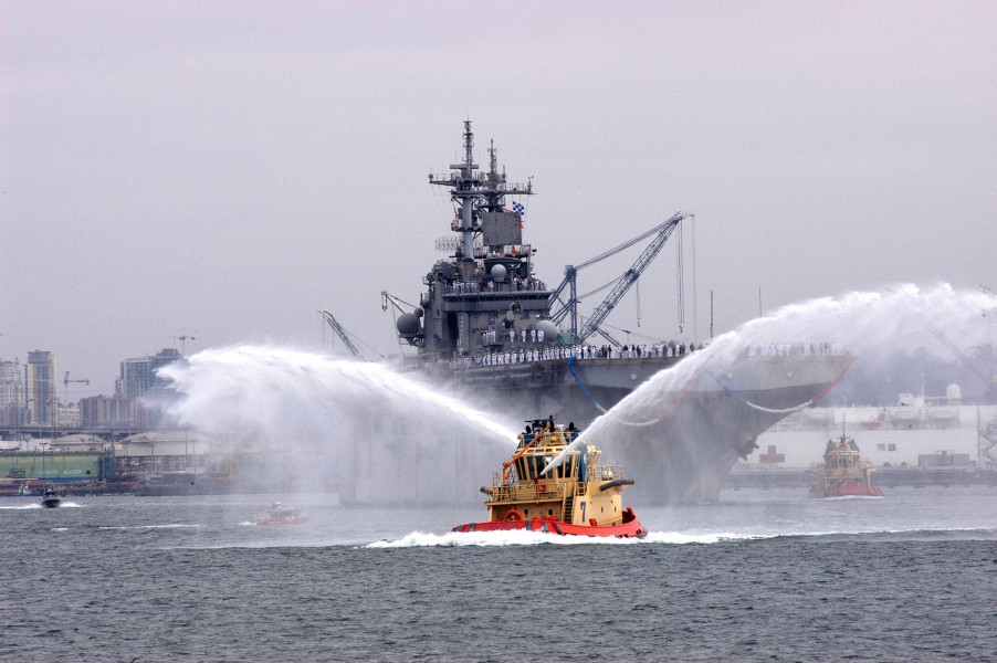 US Navy 070531-N-8327R-071 Tugboats spray arches of water in celebration of the arrival of amphibious assault ship USS Boxer (LHA 4) to her homeport at Naval Base San Diego