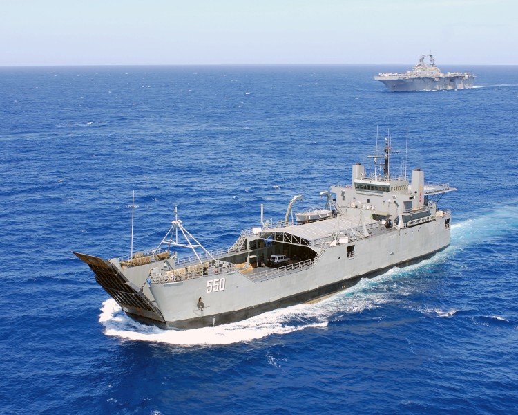 US Navy 080224-N-4010S-154 The Republic of Philippines amphibious ship BRP Bacolod City (LC 550) steams ahead of the amphibious assault ship USS Essex (LHD 2)