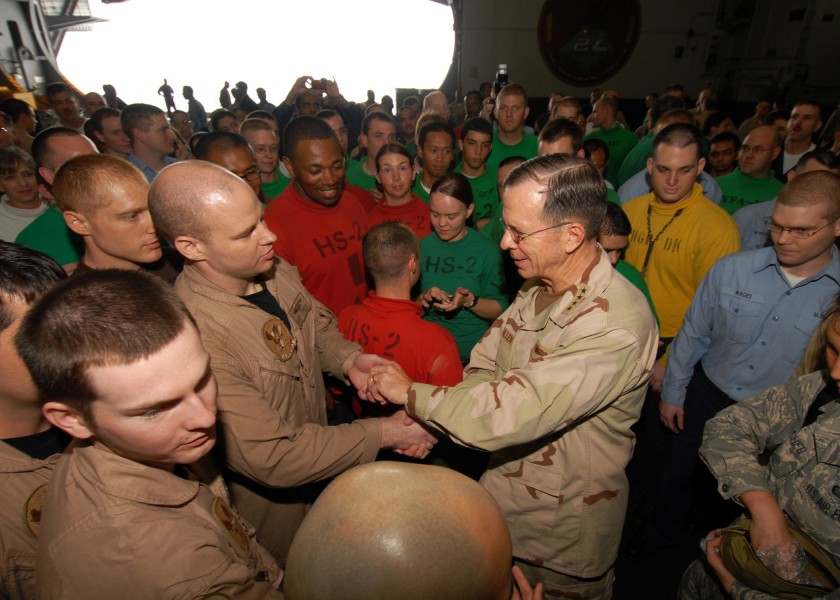 US Navy 080827-N-9079D-032 Chairman, Joint Chiefs of Staff Adm. Mike Mullen meets with Sailors in the hangar bay of the aircraft carrier USS Abraham Lincoln (CVN 72)