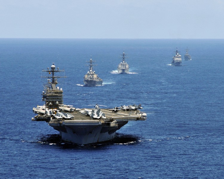 US Navy 080905-N-7981E-956 The aircraft carrier USS Abraham Lincoln (CVN 72) leads a formation of ships from the Abraham Lincoln Strike Group as they transit the Indian Ocean