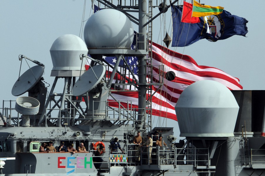 US Navy 080911-N-3659B-199 Sailors stand on the port bridge wing of the guided-missile cruiser USS Chancellorsville (CG 62) during a replenishment at sea with the USNS Bridge (T-AOE 10)