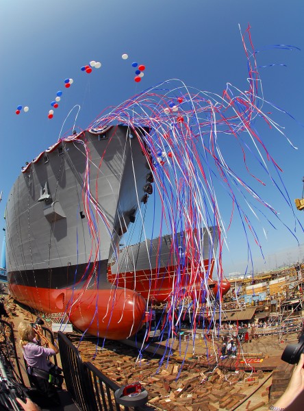 US Navy 080918-N-7643B-081 USNS Carl Brashear (T-AKE 7) launches into San Diego harbor during her christening and launch ceremony at General Dynamics NASSCO in San Diego