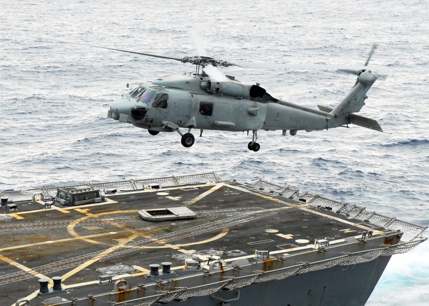 US Navy 081001-N-2183K-113 An MH-60S Sea Hawk helicopter ascends from the flight deck of the guided-missile destroyer USS Halsey (DDG 97)