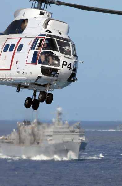 US Navy 081108-N-4005H-105 An AS 332 Super Puma takes off from the flight deck of the Nimitz-class aircraft carrier USS Ronald Reagan (CVN 76) during a vertical replenishment (VERTREP)