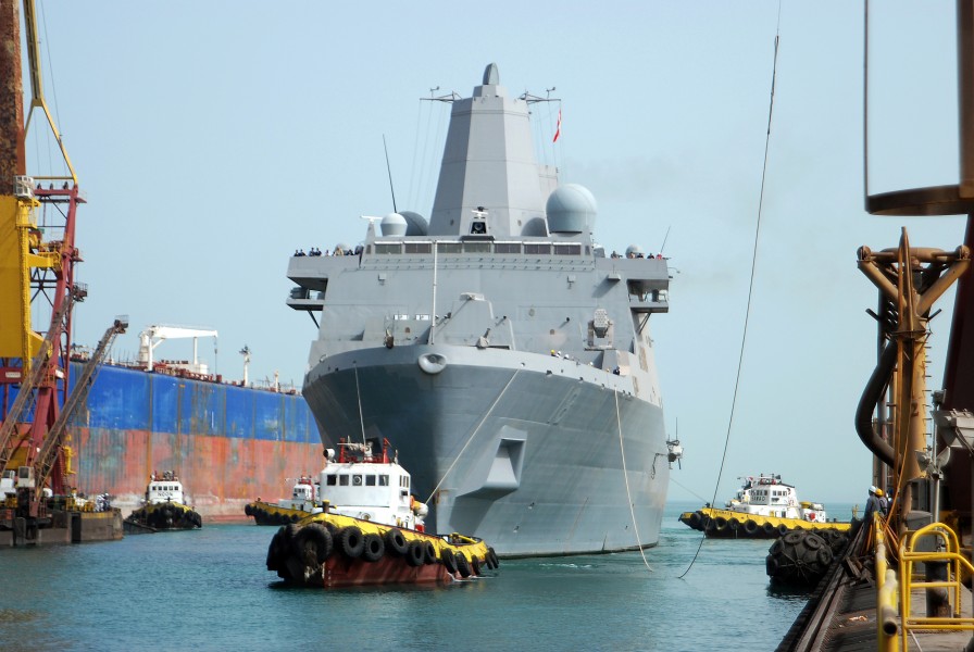 US Navy 090425-N-8053S-046 The amphibious transport dock ship USS New Orleans (LPD 18) is guided Saturday, April 25, 2009 into the Arab Shipbuilding ^ Repair Yard Company dry-dock facility