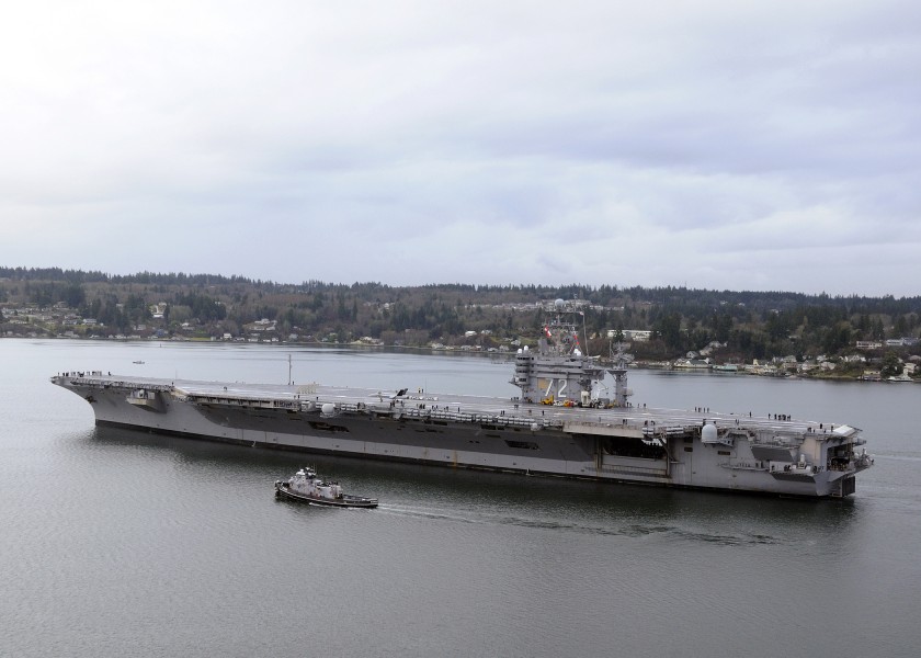 US Navy 100113-N-XXXXH-001 The aircraft carrier USS Abraham Lincoln (CVN 72) transits Puget Sound. Abraham Lincoln has been pier side at Puget Sound Naval 