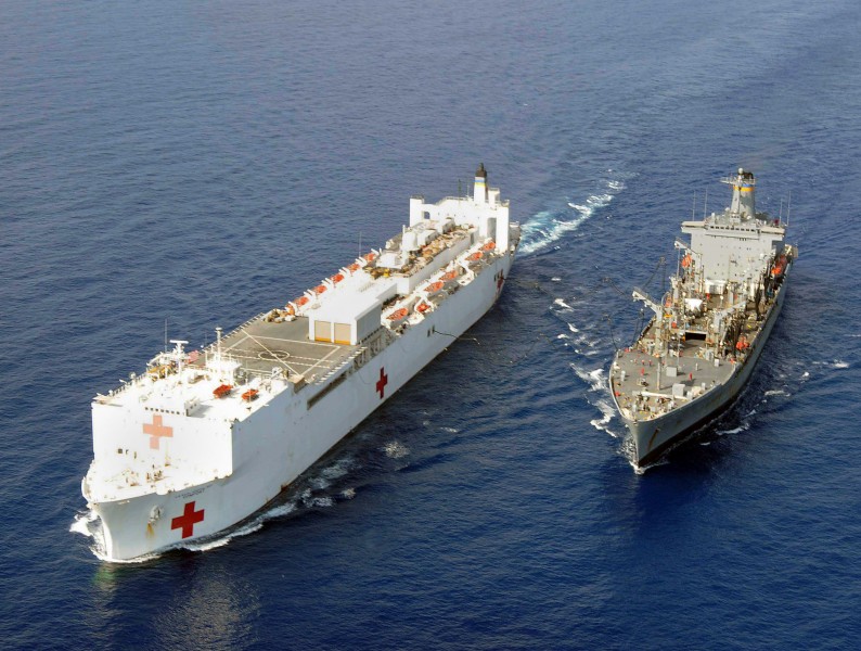 US Navy 100222-N-6410J-027 The Military Sealift Command hospital ship USNS Comfort (T-AH 20), left, and the Military Sealift Command fleet replenishment oiler USNS Leroy Grumman (T-AO 195) conduct an underway replenishment