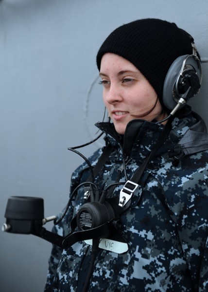 US Navy 100731-N-5386R-159 Seaman Morgan D. Gattie stands a lookout watch on the signal bridge aboard the aircraft carrier USS Abraham Lincoln (CVN 72)