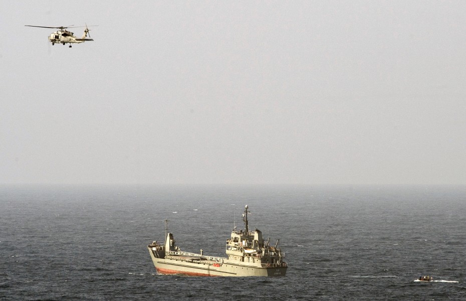 US Navy 100820-N-7317W-128 Eight mariners approach the Iranian navy ship Chiroo in a rigid-hull inflatable boat from the aircraft carrier USS Harry S. Truman (CVN 75)