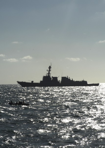 US Navy 100929-N-2855B-090 A rigid-hull inflatable boat patrols the water surrounding USS Stout (DDG 55) during maritime interdiction operations tr