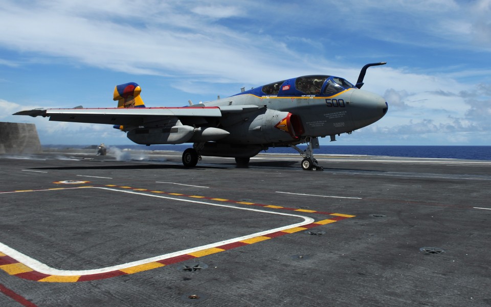 US Navy 101001-N-2821G-130 An EA-6B Prowler assigned to the Lancers of Electronic Attack Squadron (VAQ) 131 launches from the aircraft carrier USS 