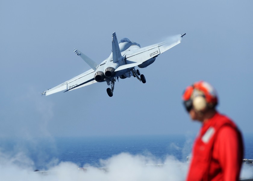 US Navy 101020-N-2821G-132 An F-A-18E Super Hornet assigned to the Kestrels of Strike Fighter Squadron (VFA) 137 launches from the aircraft carrier