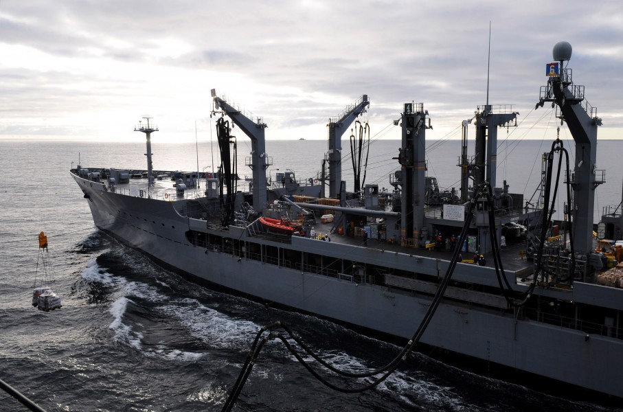 US Navy 101107-N-0232G-017 The Military Sealift Command fleet replenishment oiler USNS Yukon (T-AO 202) sends fuel and pallets of supplies to recei