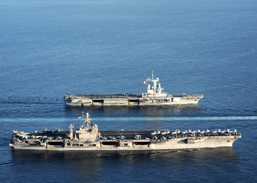 US Navy 101210-N-1261P-035 USS Abraham Lincoln (CVN 72) and Charles De Gaulle (R 91) join together for a United States and France Navy photo opport