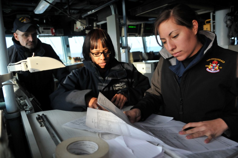 US Navy 110209-N-9818V-203 Ensign Carissa Guthrie, right, and Navy Counselor 1st Class Marshea Taylor check the muster report on the bridge during 