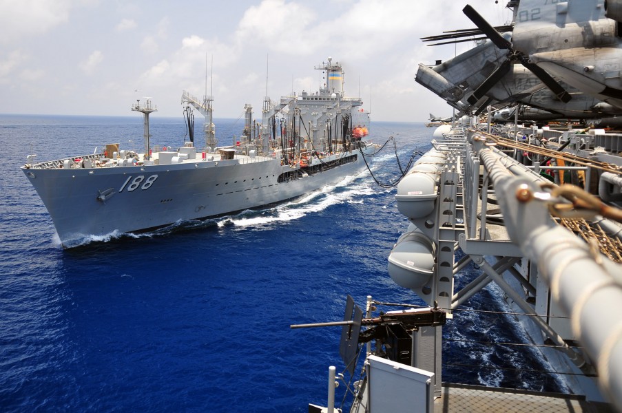 US Navy 110427-N-ZS026-101 The Military Sealift Command fleet replenishment oiler USNS Joshua Humphreys (T-AO 188), left, refuels the amphibious as