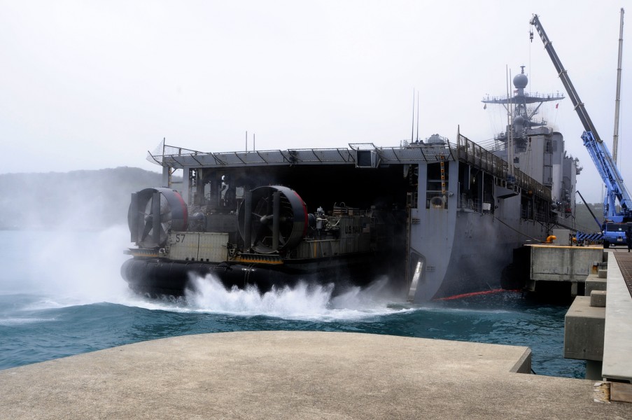 US Navy 110627-N-WV964-047 A landing craft air cushion departs the well deck of the forward-deployed dock landing ship USS Germantown (LSD 42)
