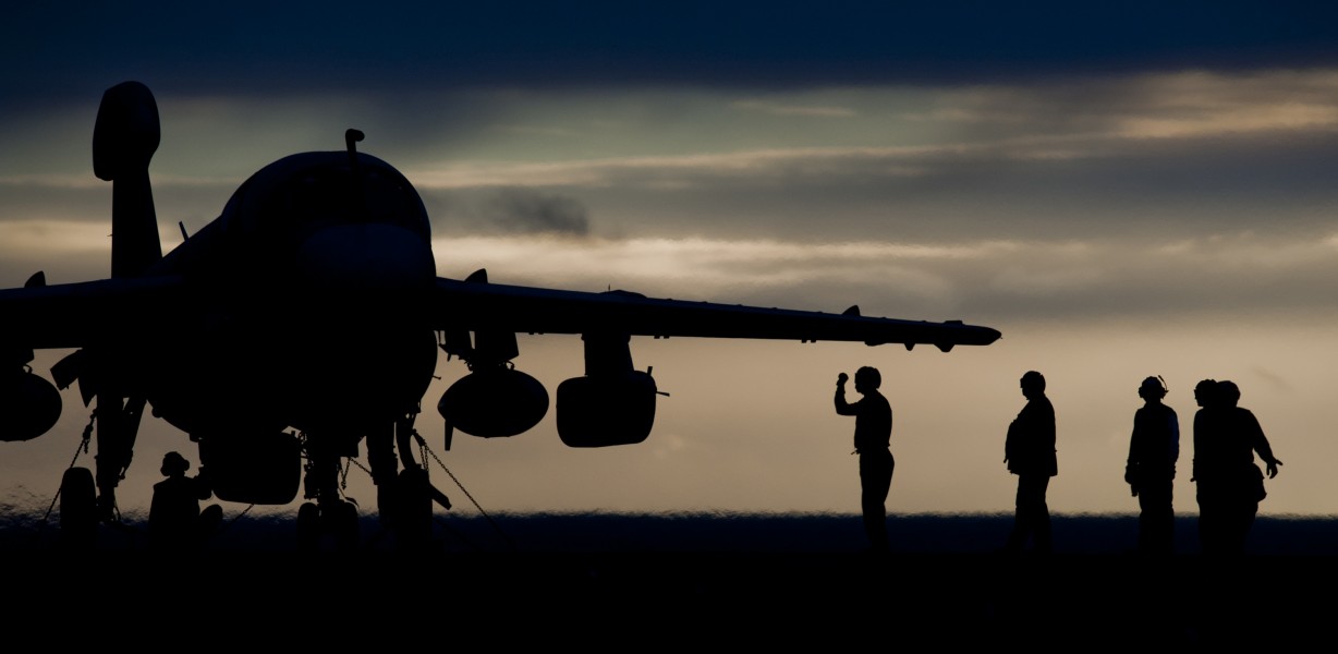 US Navy 111005-N-TU221-534 Sailors assigned to the Lancers of Electronic Attack Squadron (VAQ) 131 perform final checks on an EA-6B Prowler aboard 