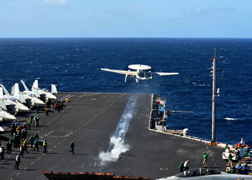 US Navy 111006-N-YB753-035 An E-2C Hawkeye assigned to the Sun Kings of Airborne Early Warning Squadron (VAW) 116 launches from the flight deck of 