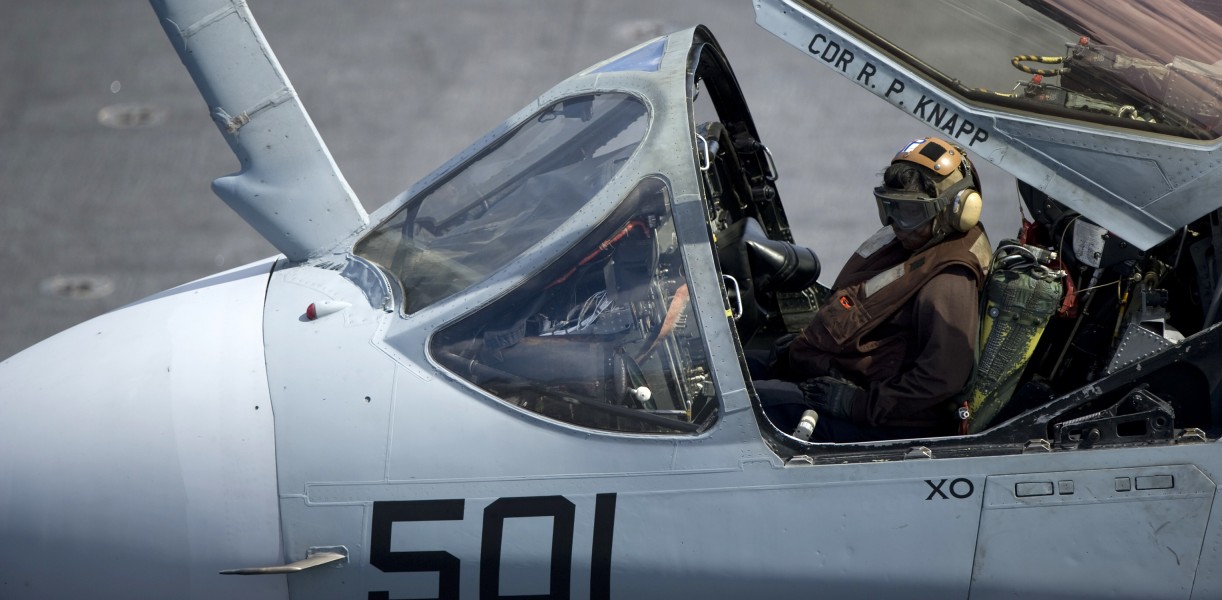 US Navy 111228-N-JN664-170 A Sailor assigned to the Lancers of Electronic Attack Squadron (VAQ) 131 performs preflight diagnostic checks inside an 