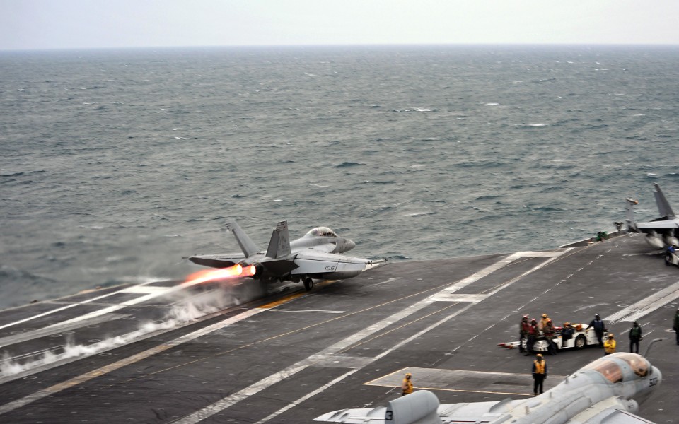 US Navy 120131-N-YB753-044 An F-A-18F Super Hornet assigned to the Bounty Hunters of Strike Fighter Squadron (VFA) 2 launches from the Nimitz-class