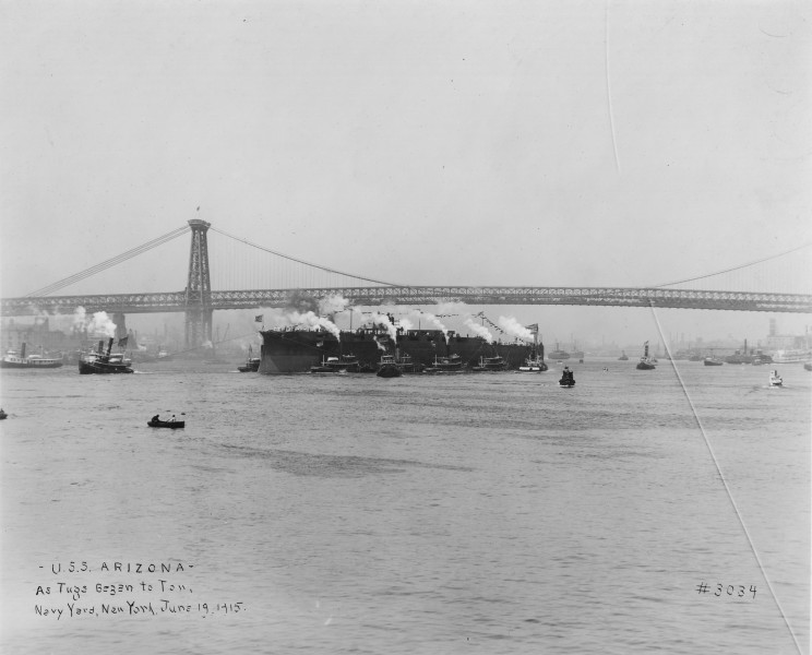 USS Arizona pushed by tugs after launch NARA 19-LC-19A-10