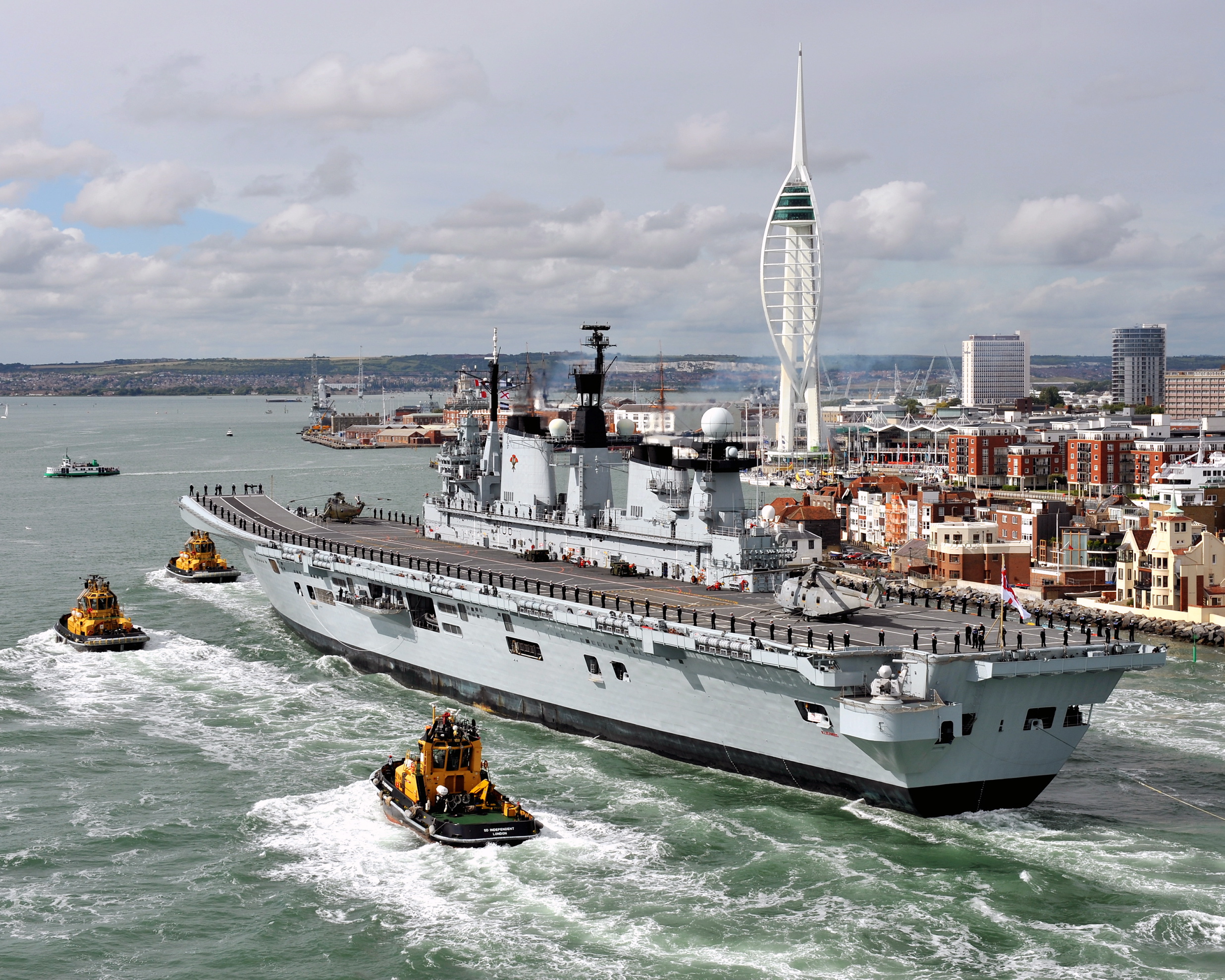 Royal Navy Aircraft Carrier HMS Illustrious Returns To Portsmouth Folllowing Refit MOD 45152943
