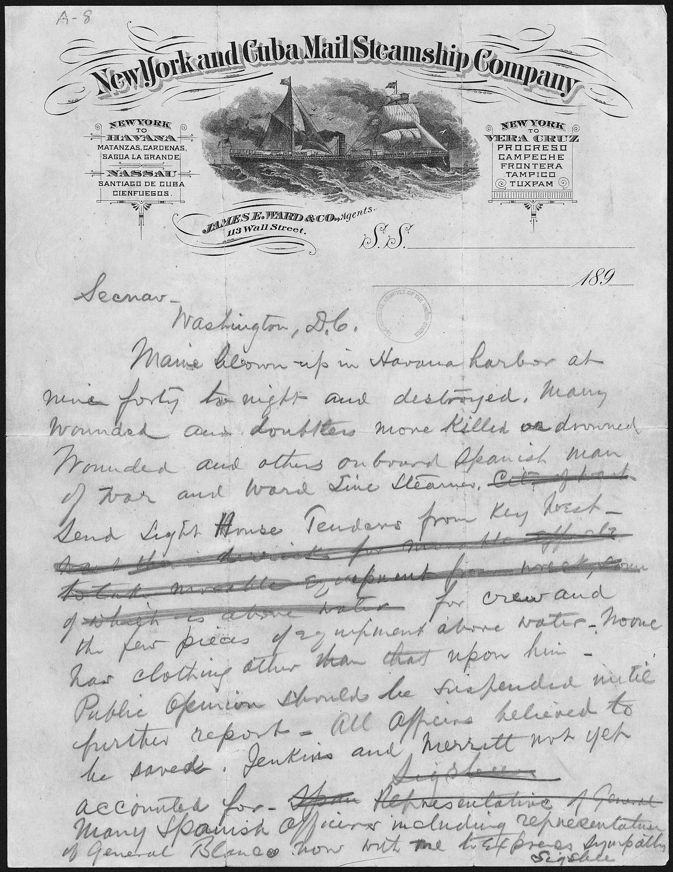 Telegram from Captain Charles D. Sigsbee, Commander of the USS Maine, to the Secretary of the Navy - NARA - 300266