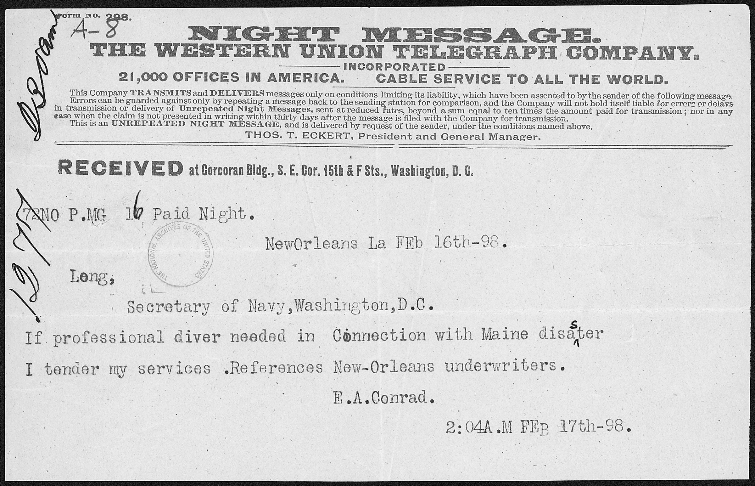 Telegram from E. A. Conrad to the Secretary of Navy - NARA - 300260
